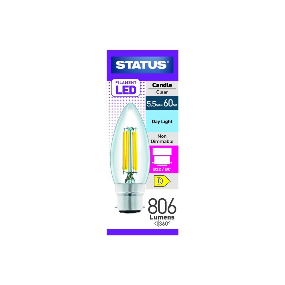 5.5W (60W) LED Filament BC Candle 27k STATUS