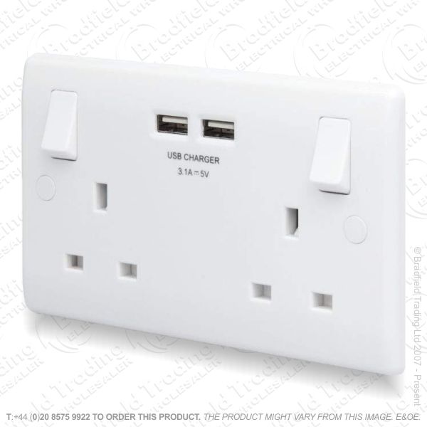 Socket Switched 2G 13A 3.1A x2 USB White BG