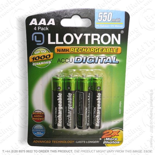 E10) Battery Rech AAA 1.2V 550mA pk4 LLOYTRON