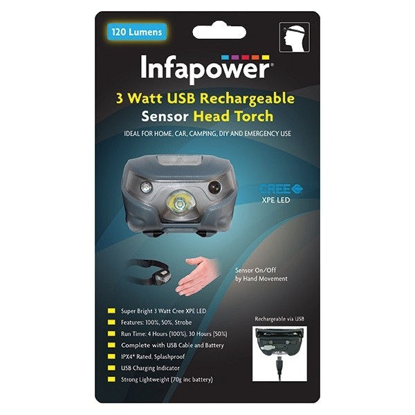 3W Rechargable Head Torch Sensor INFAPOWER