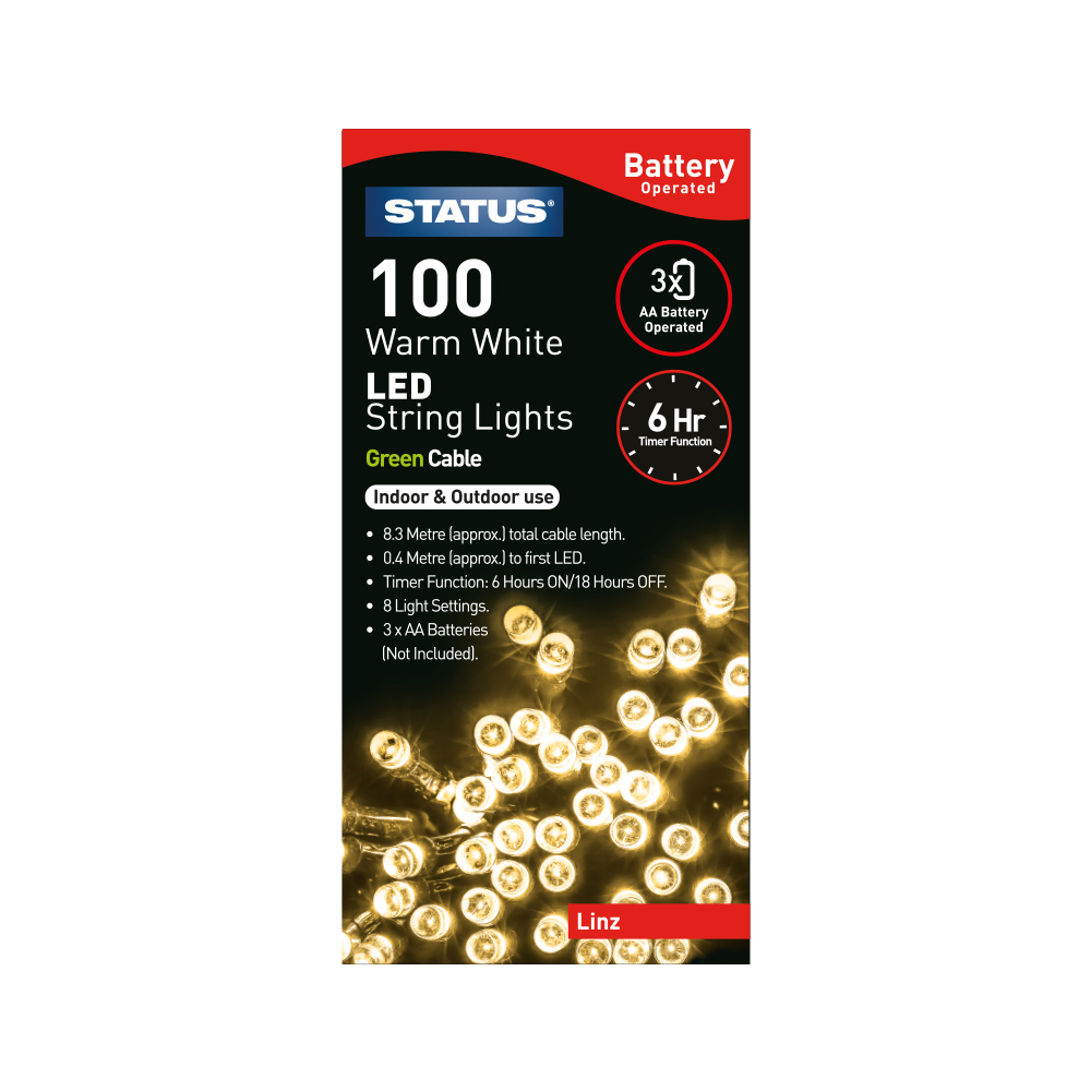 100 LED Battery Lights Warm White Timer STATU