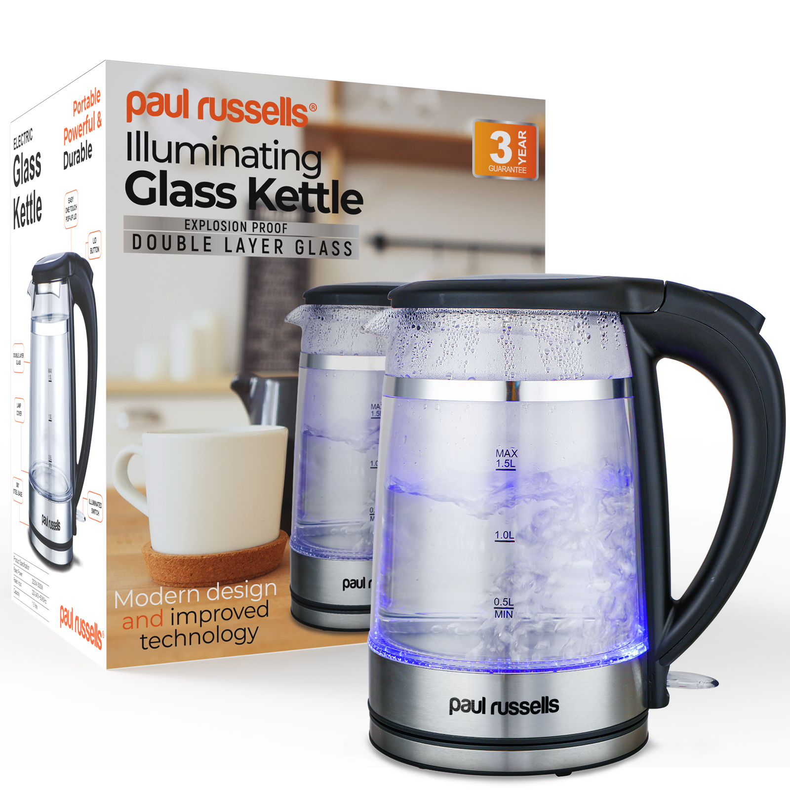 Kettle Cordless 1.7L 3kW Glass PAUL RUSSELLS