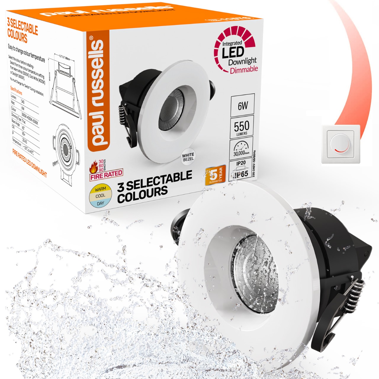 Downlight 6W 540lm CCT IP65 Whit PAUL RUSSELL