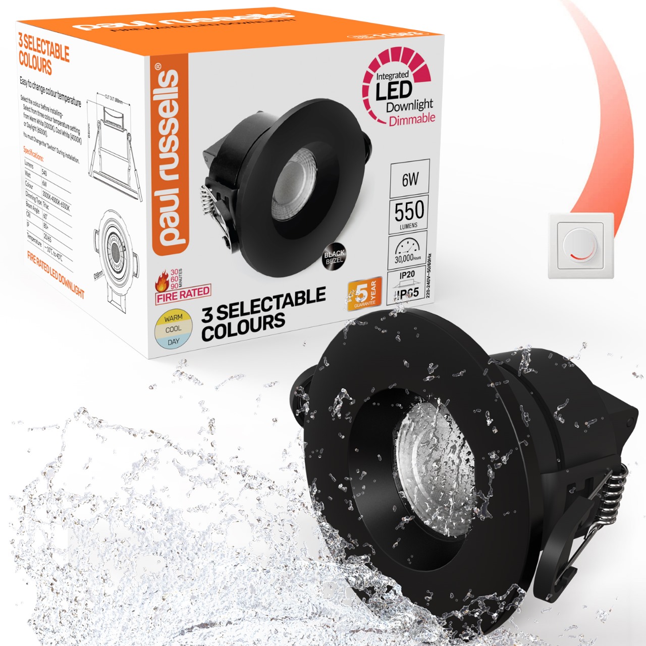 Downlight 6W 540lm CCT IP65 Blac PAUL RUSSELL