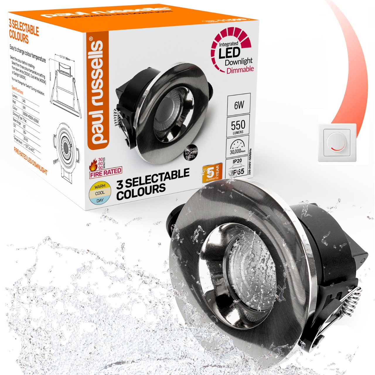 Downlight 6W 540lm CCT IP65 BN PAUL RUSSELL