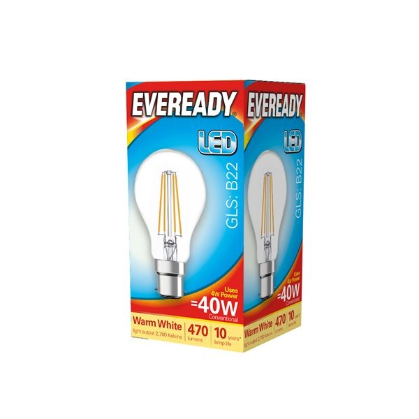 GLS LED 4W BC Filament 470lm Clear EVEREADY