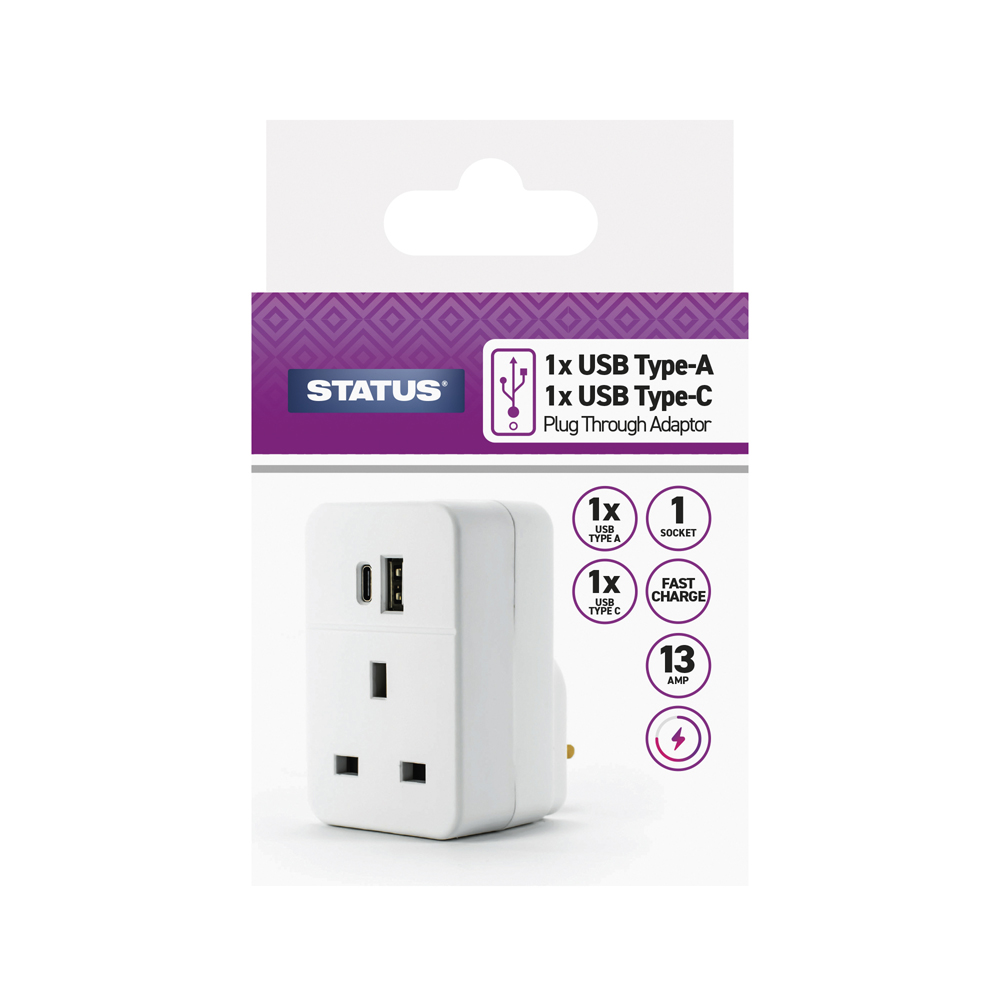 UK Power Adaptor 13A Socket USB A+C STATUS