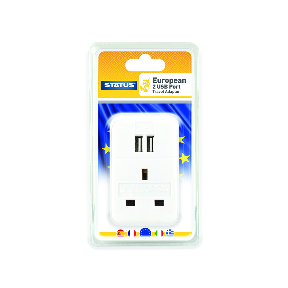 Travel Adaptor UK Socket 2 USB EU Plug STATUS
