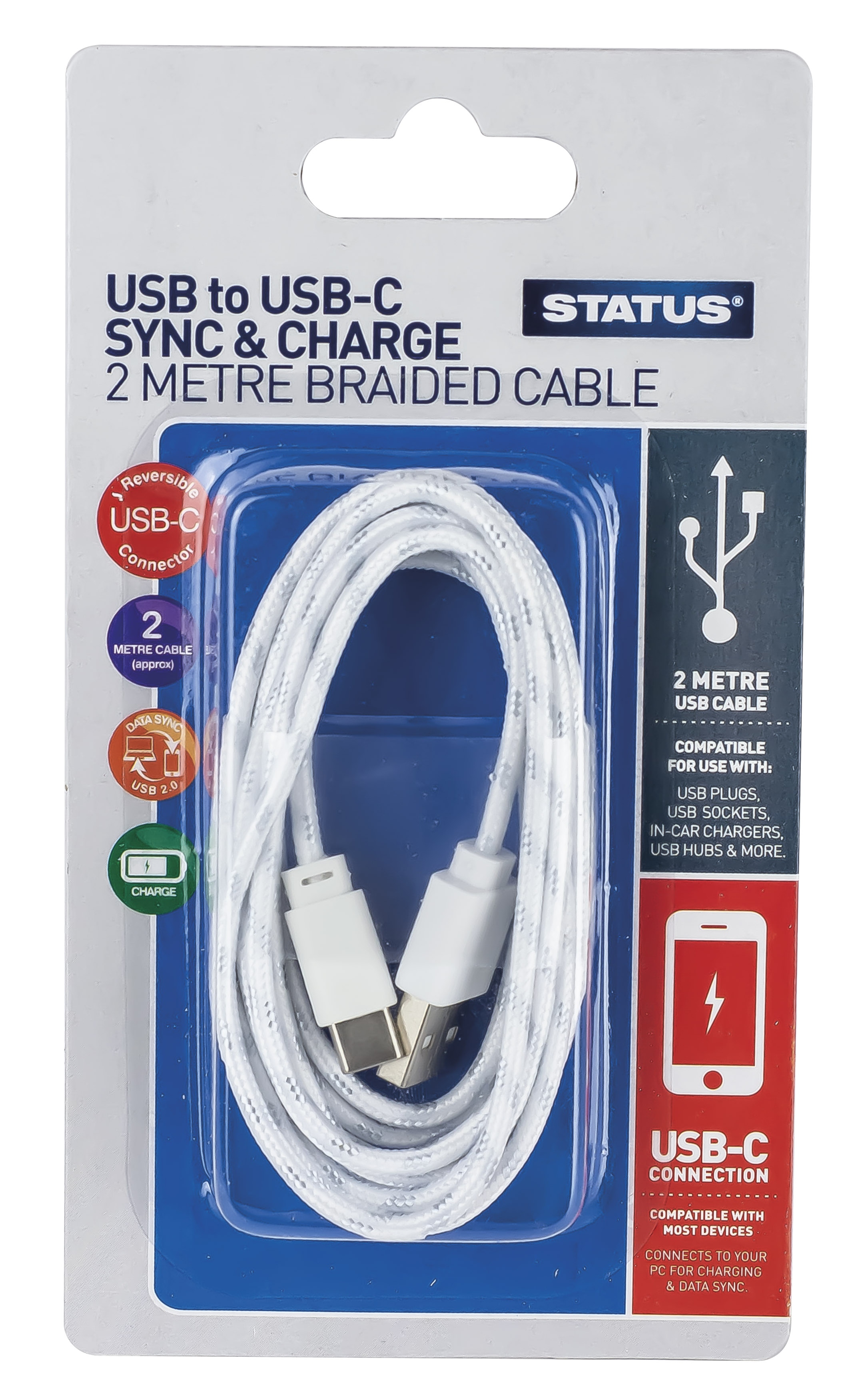 USB-C to USB2 Cable Lead Braided 2M Wh STATUS