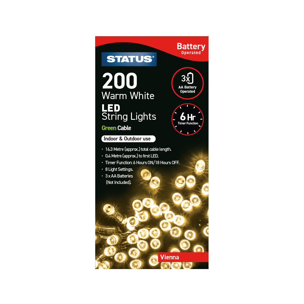 200 LED Battery Lights Warm White Timer STATU